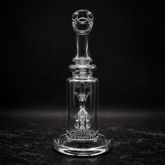 Clear glass dab rig back view with recycler percolator
