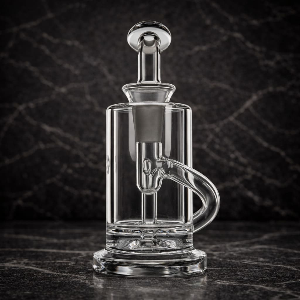 Clear glass dab rig shown from the back with cylindrical chamber and clean glass mouthpiece