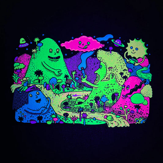 The Hills Have Joints moodmat with UV reactive screen print by floating.world.studio