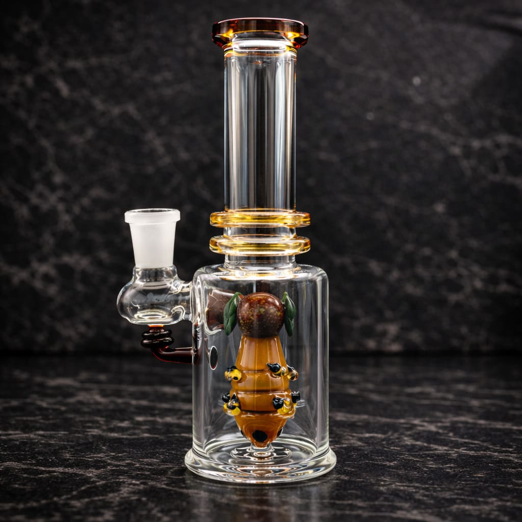 Back view of Empire Glassworks Save the Bees dab rig showing internal percolator and borosilicate glass construction