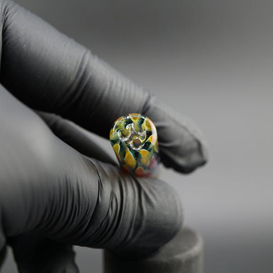 SteveHGlass Aurora Vein 11.8 mm glass tip held in hand showing the front opening and multi-channel interior structure in iridescent borosilicate glass.