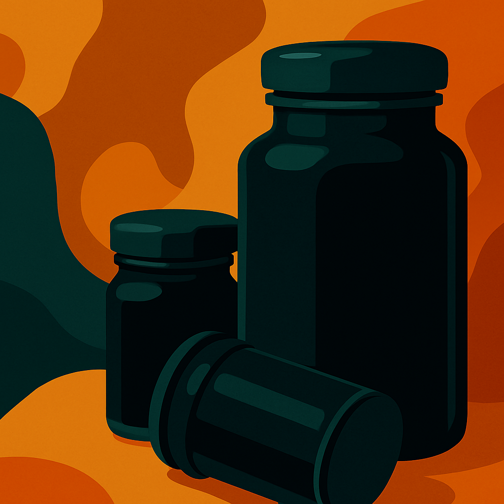 Dunkle Glasbehälter zur lichtgeschützten Aufbewahrung von Cannabis oder Konzentraten – ideal zur Erhaltung von Frische, Aroma und Wirkstoffen.