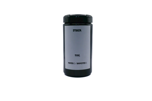 150ml UV-Glas zur Cannabis-Aufbewahrung mit beschreibbarem Etikett. 