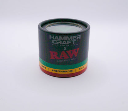 Hammercraft x Raw Aluminium Grinder in der Farbe Rasta verpackt