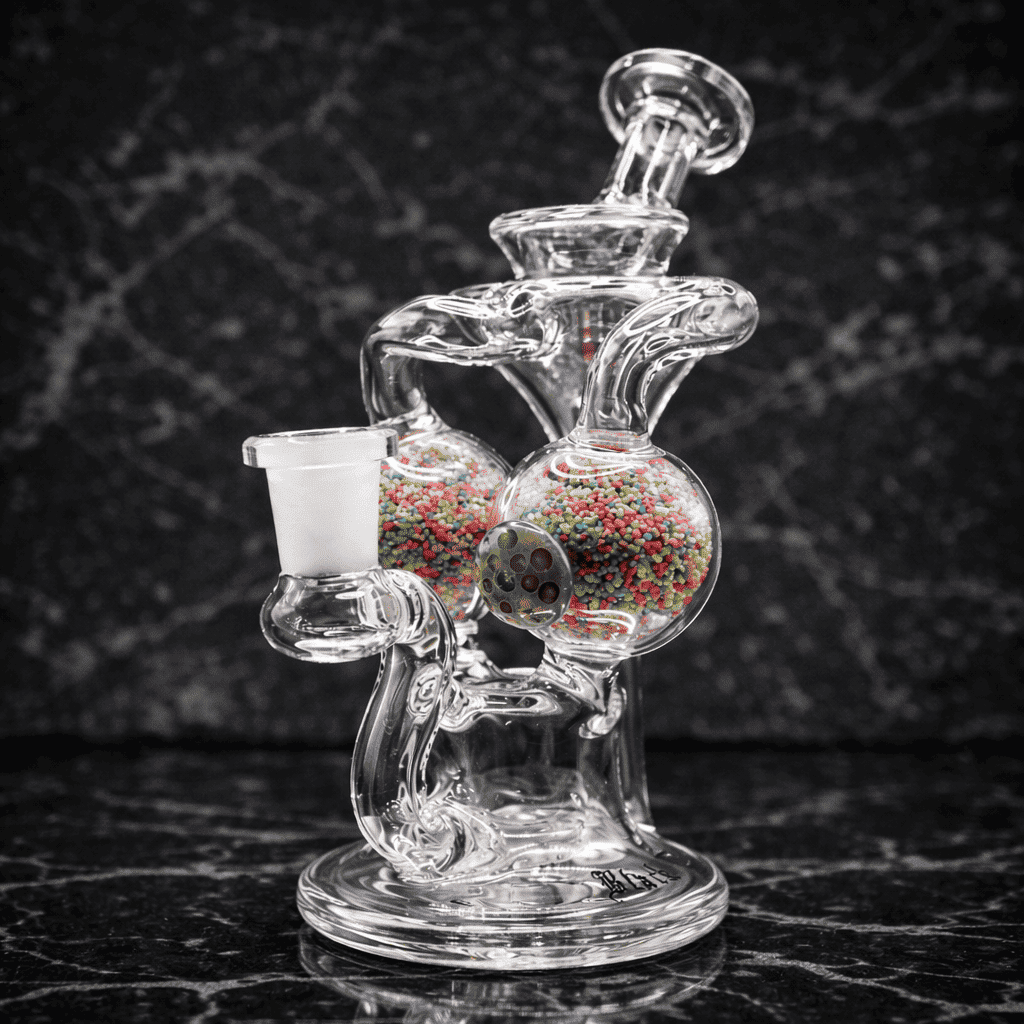 Recycler Dab Rig mit bunten Perlen in der Frontansicht