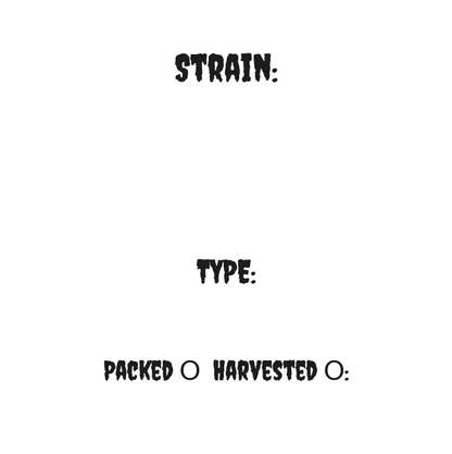beschreibbarer Labelsticker für Cannabisglas mit den Punkten Strain, Type und Packed/Harvested