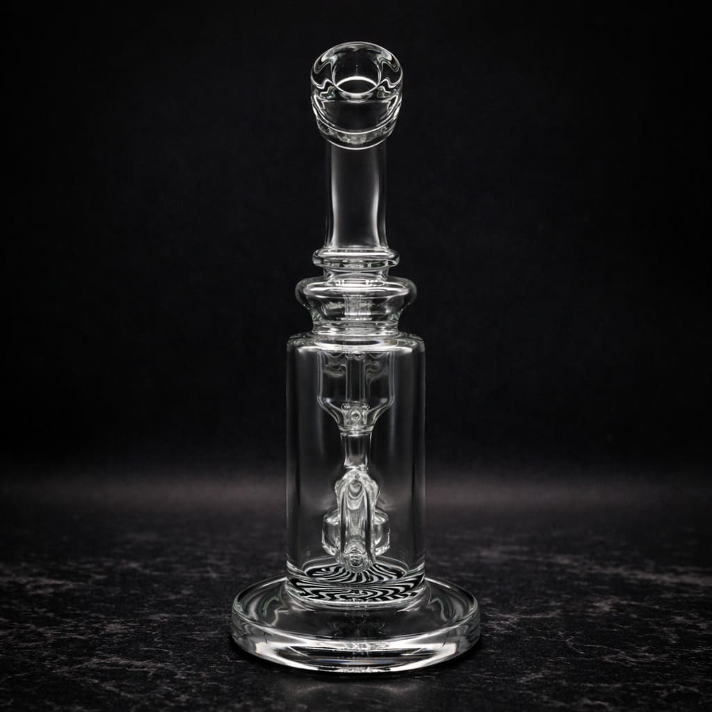 Clear glass dab rig back view with recycler percolator
