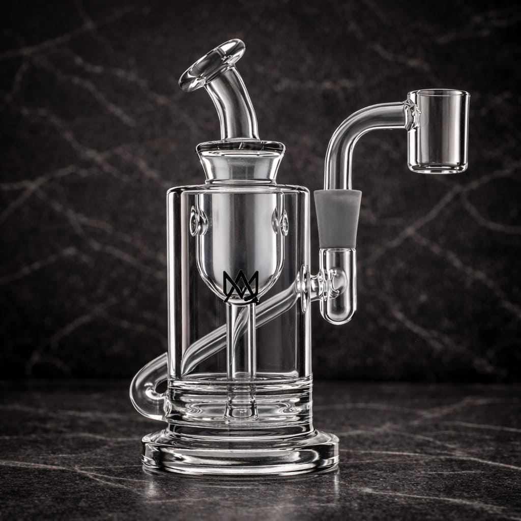 Clear glass dab rig with transparent mouthpiece photographed from the front in dark studio lighting