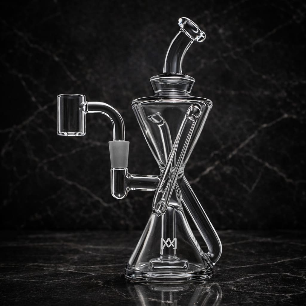 Clear glass dab rig with hourglass shape and X-percolator in dark studio setting