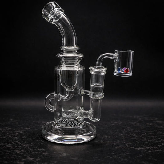 Clear glass dab rig side view with banger connection and curved mouthpiece