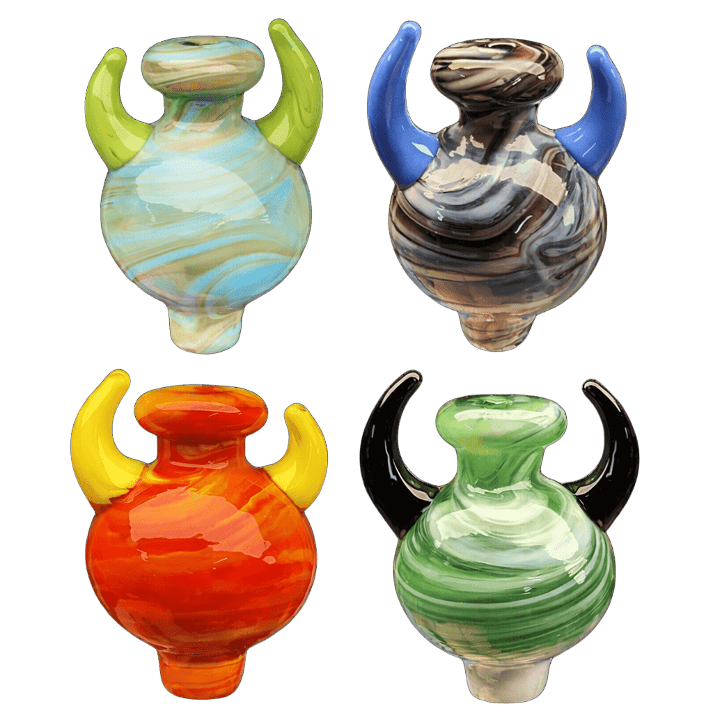 colorful glass carb cap for dabbing in multiple color variations