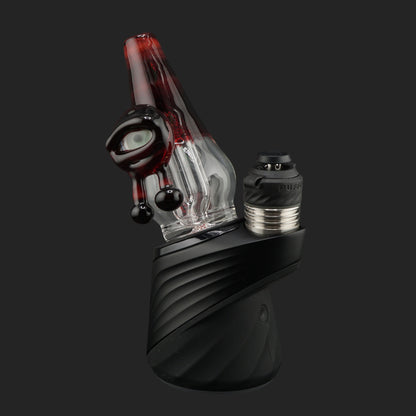 Side profile of the Crimson Watch wet top with a deep ruby red mouthpiece mounted on a Puffco Peak Pro.