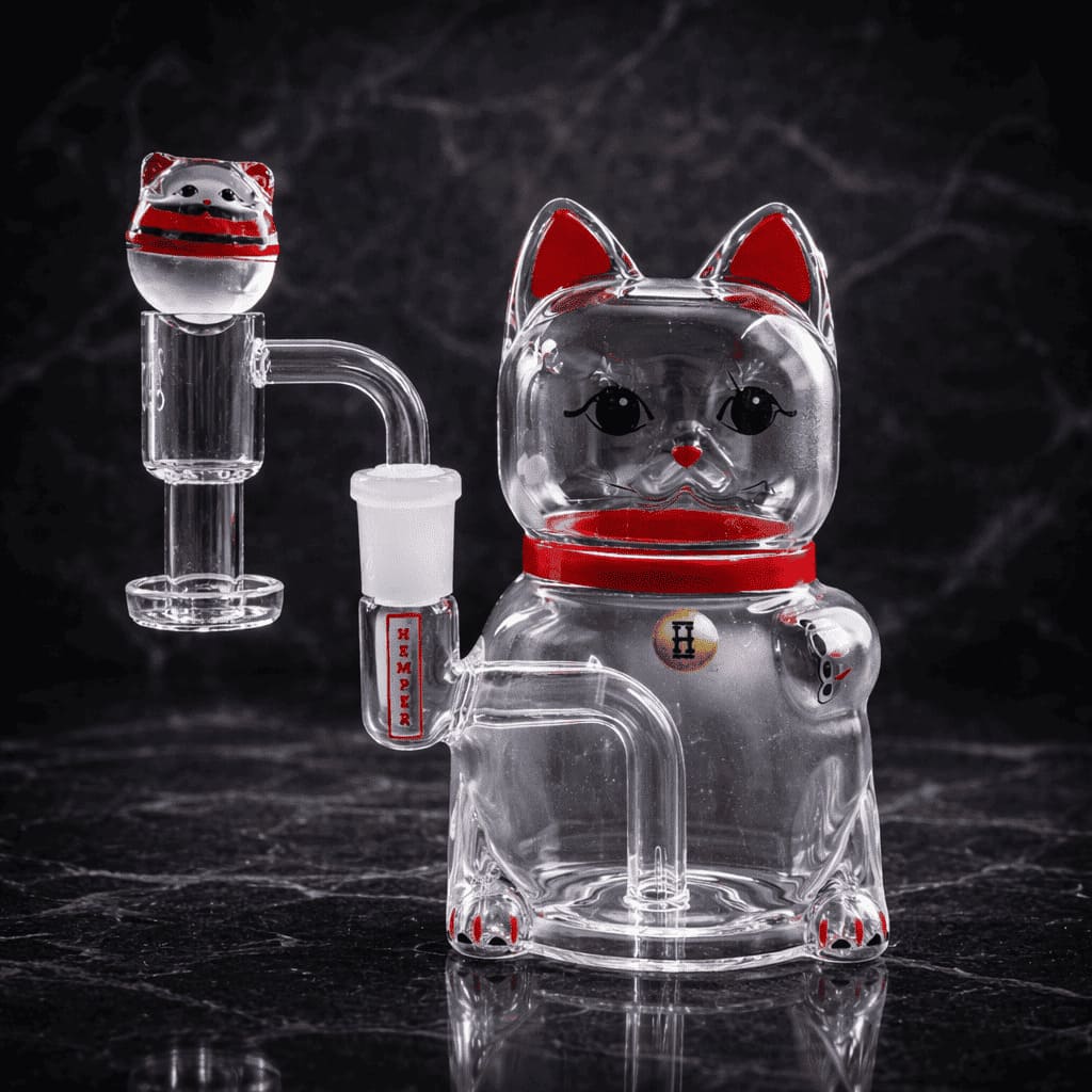 Maneki-Neko Dab Rig aus Glas mit roten Akzenten vor dunklem Hintergrund