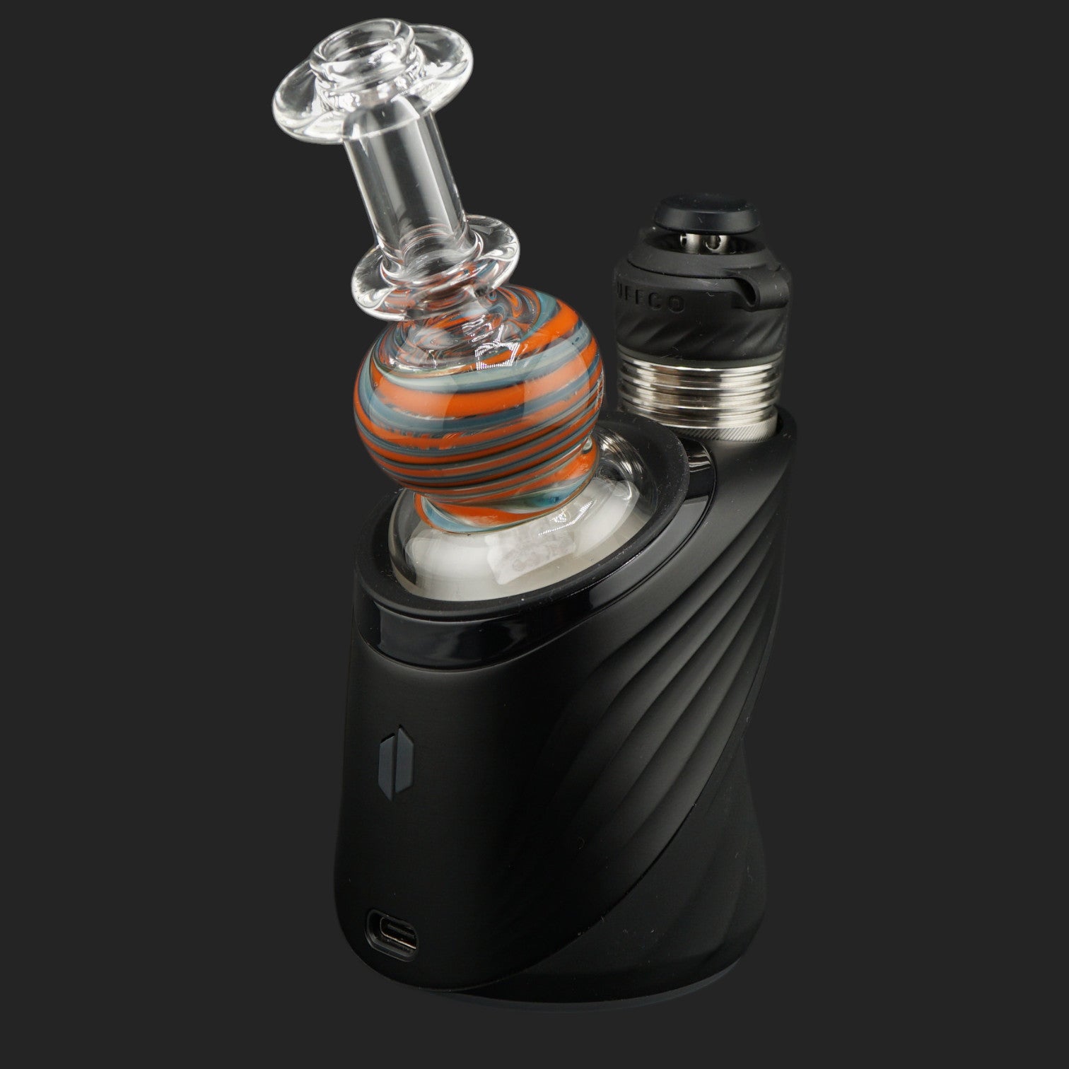 Front view of the Ember Orbit dry top highlighting the handcrafted orange, teal and blue striped glass sphere.