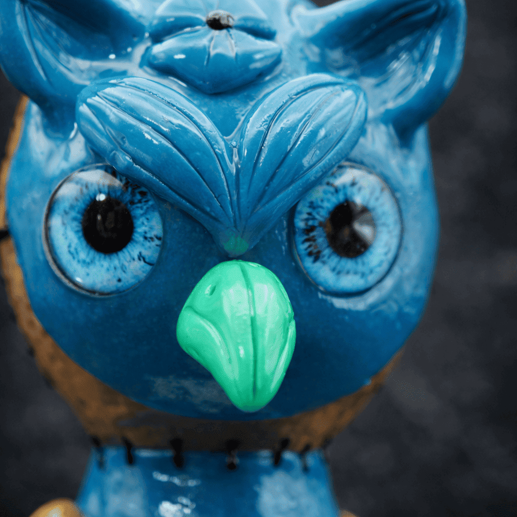 Makroaufnahme der Augen und des Schnabels eines Eulen Dab Rigs aus Glas in Blau und Grün