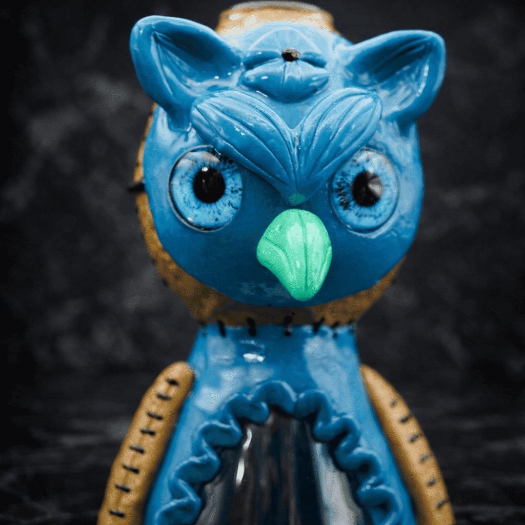 Nahaufnahme des Gesichts eines handgefertigten Eulen Dab Rigs aus Glas mit strukturierten Augen