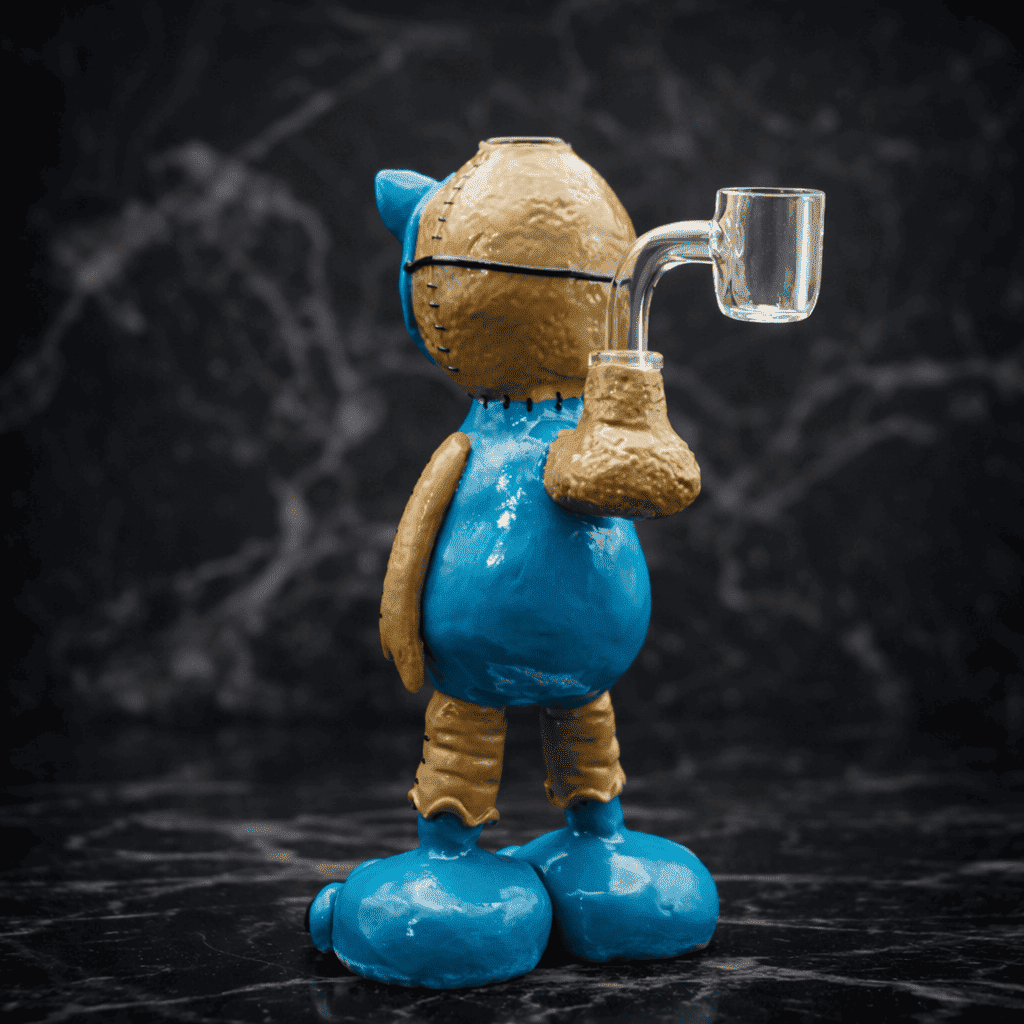 Eulen Dab Rig aus Glas in Blau mit seitlichem Banger und strukturierten Details im Studio-Produktfoto