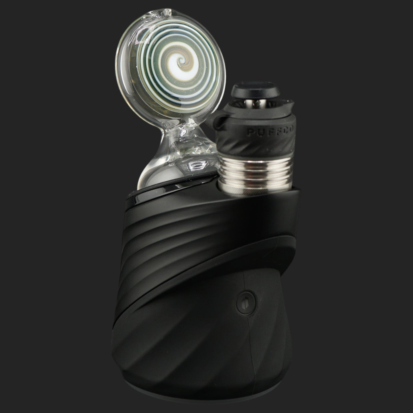 Side profile of the Forest Eye Puffco dry top with transparent borosilicate glass and layered spiral artwork.