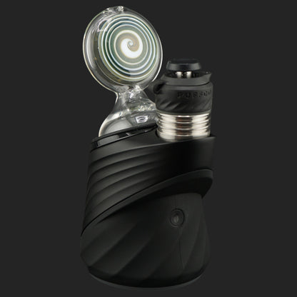 Side profile of the Forest Eye Puffco dry top with transparent borosilicate glass and layered spiral artwork.