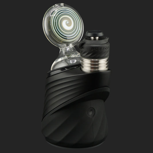 Side profile of the Forest Eye Puffco dry top with transparent borosilicate glass and layered spiral artwork.