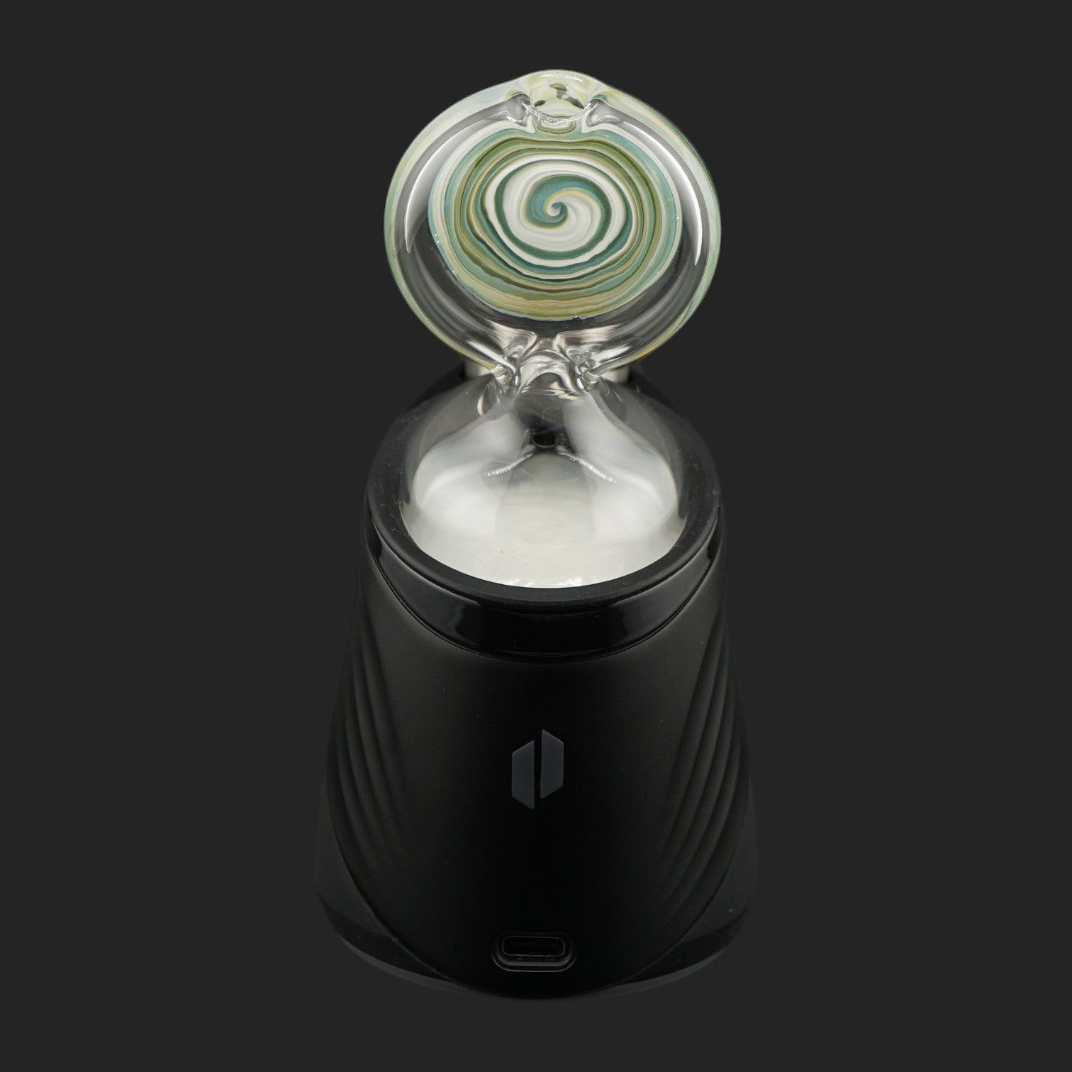 Handmade Forest Eye dry top by Nobullglassworks for the Puffco Peak and Peak Pro featuring a green spiral design.