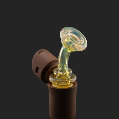 Closeup of Glass by Yeti Aurora Puffco Pivot glass mouthpiece with iridescent finish