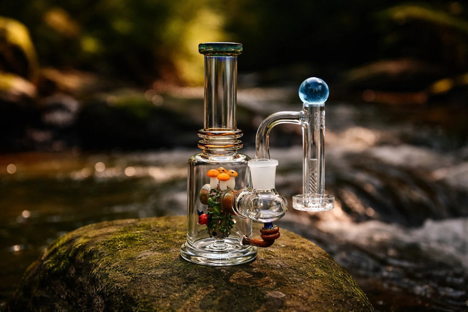 Handgefertigtes Glas Dab Rig mit Pilz-Design in Naturkulisse