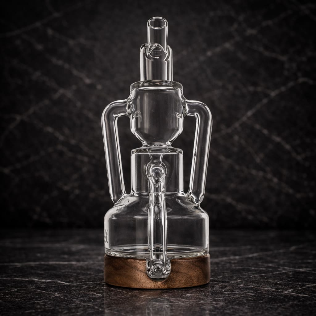 Clear glass recycler dab rig with wooden base shown from the front against a dark background