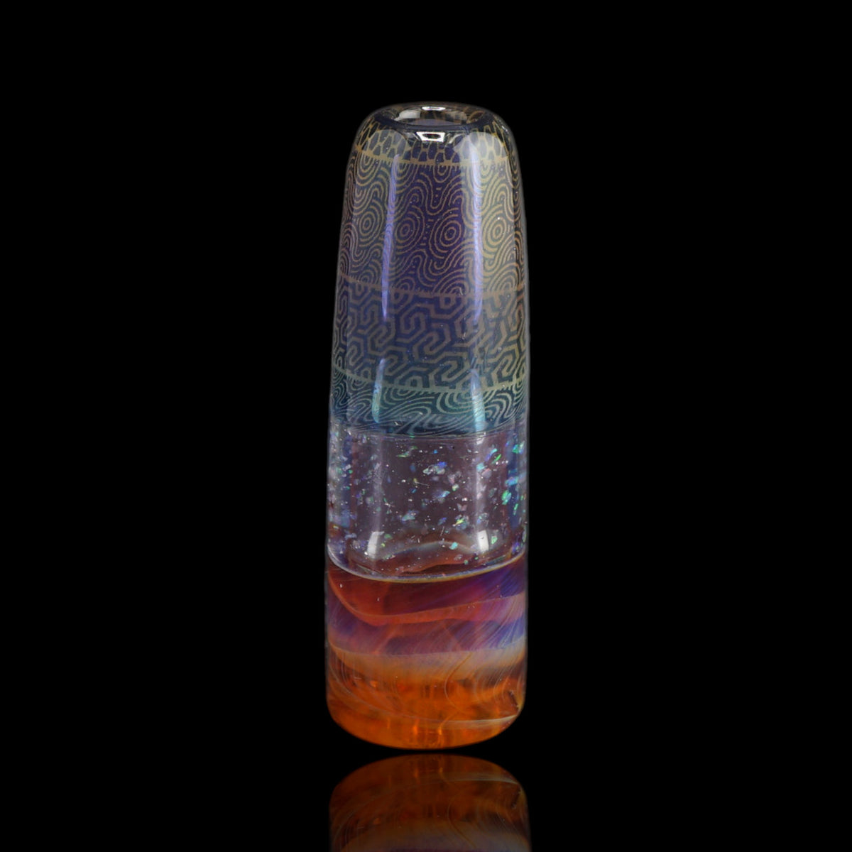 Hefe Glass Amber Odyssey Glastip mit goldfarbenen Mustern, funkelndem Mittelteil und bernsteinfarbenem Ende
