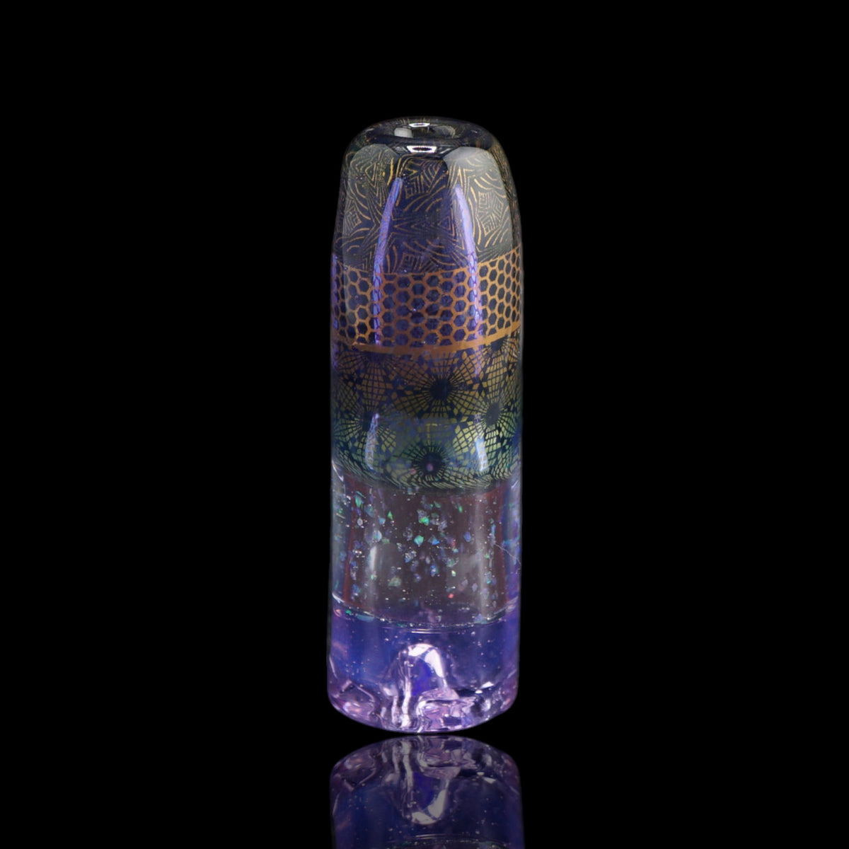 Hefe Glass Lavender Mosaic Glastip mit goldfarbenem Wabenband, Netzrosetten und transparentem lavendelblauen Ende