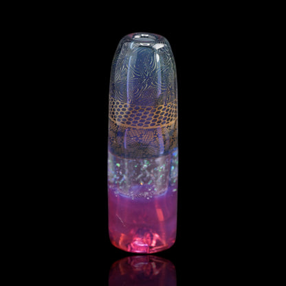 Hefe Glass Rose Oracle Glastip mit goldfarbenen Mustern, funkelndem Band und pink-violettem Ende in Frontansicht