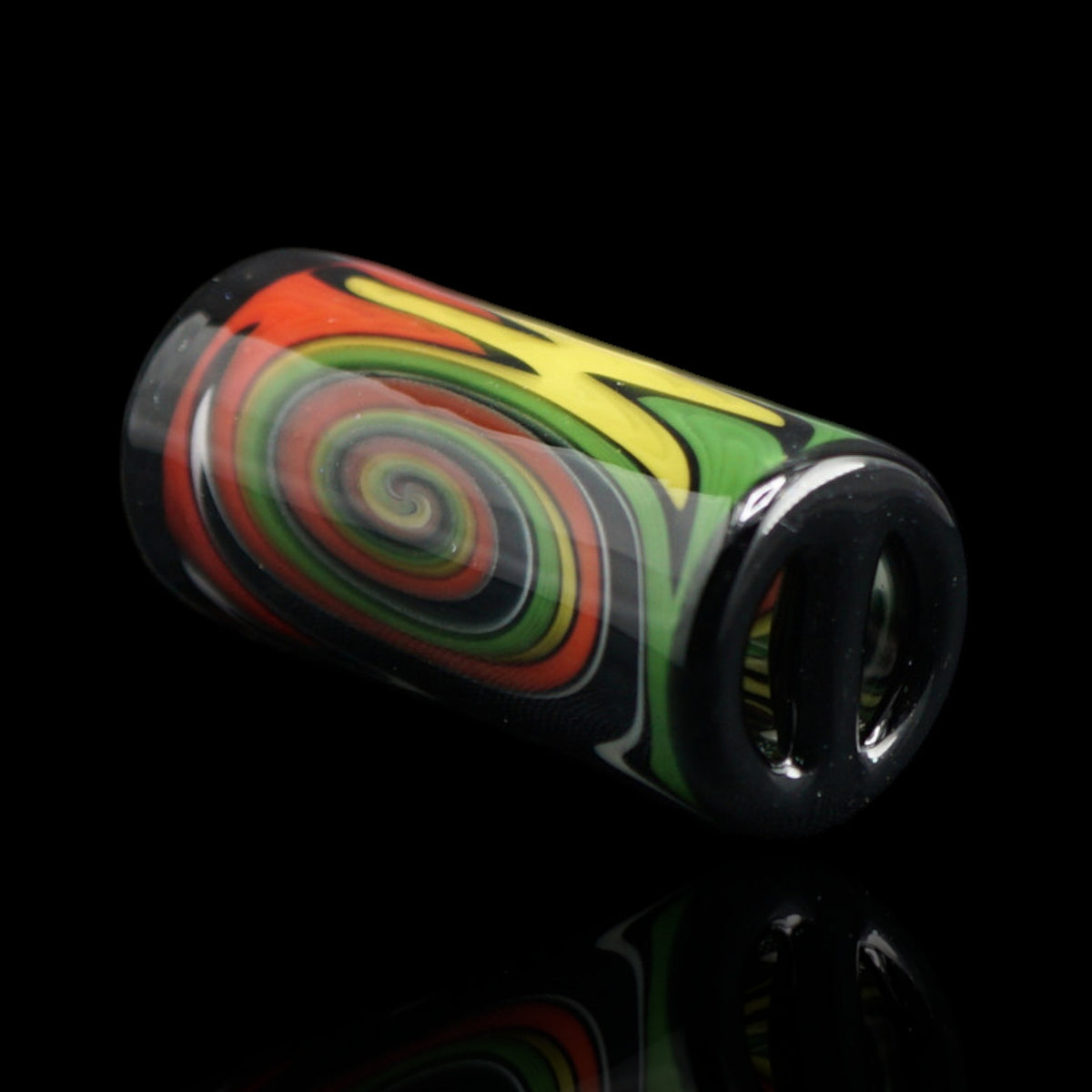 Roots Vortex Collector Glastip in Seitenansicht mit buntem Spiralmuster und schwarzen Enden