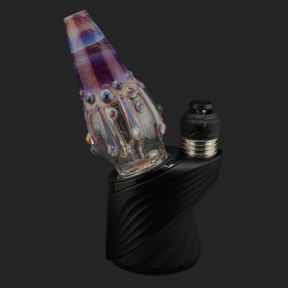 Right angle view of the Jelly Veil Puffco Peak Pro wet top showcasing layered glass tentacles and color shifting glass.