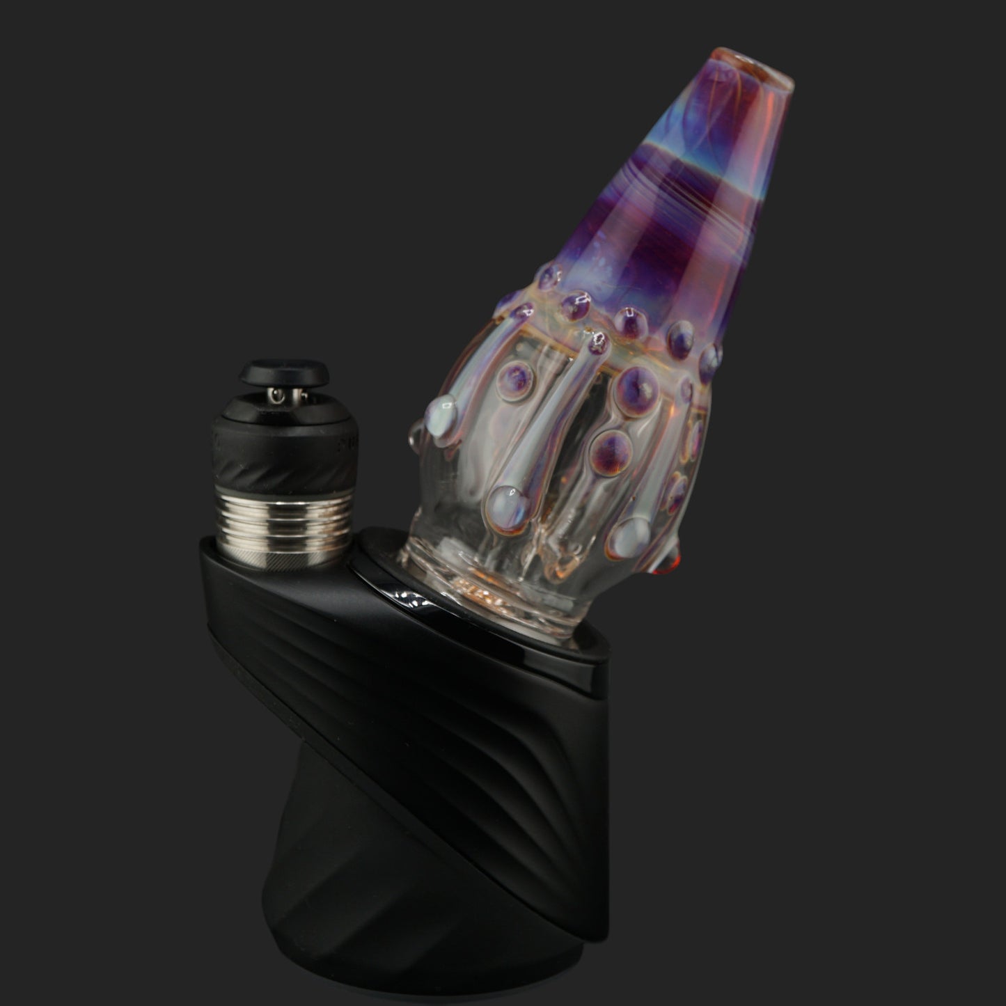 Handmade Jelly Veil wet top with sculpted glass tentacle details mounted on a Puffco Peak Pro from the left angle.
