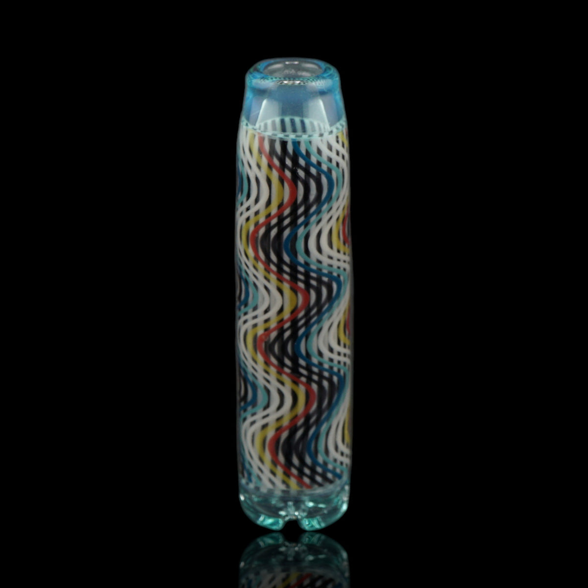 Front view of the Leisure Glass Aqua Current Hypnotech glass tip with multicolored black and white waves and transparent aqua blue ends