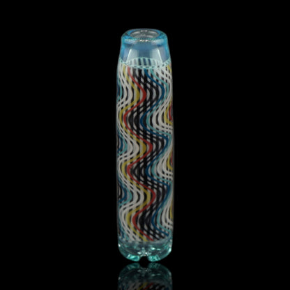 Front view of the Leisure Glass Aqua Current Hypnotech glass tip with multicolored black and white waves and transparent aqua blue ends