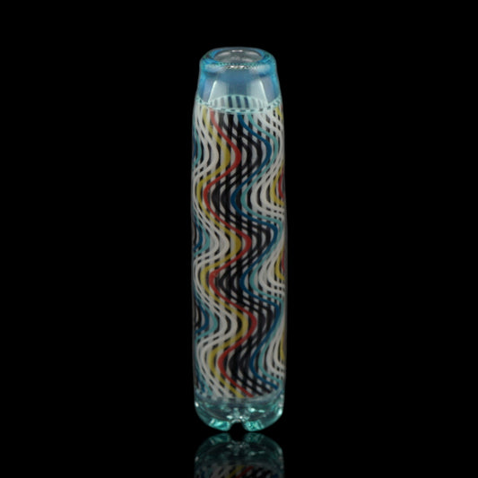 Front view of the Leisure Glass Aqua Current Hypnotech glass tip with multicolored black and white waves and transparent aqua blue ends