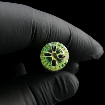 End view of the Leisure Glass Lime Echo Hypnotech glass tip showing four airflow openings around its central glass structure