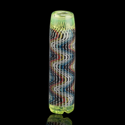Front view of the Leisure Glass Lime Echo Hypnotech glass tip with black and white waves, colored accents and lime green ends