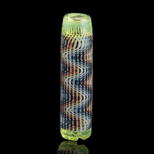 Front view of the Leisure Glass Lime Echo Hypnotech glass tip with black and white waves, colored accents and lime green ends