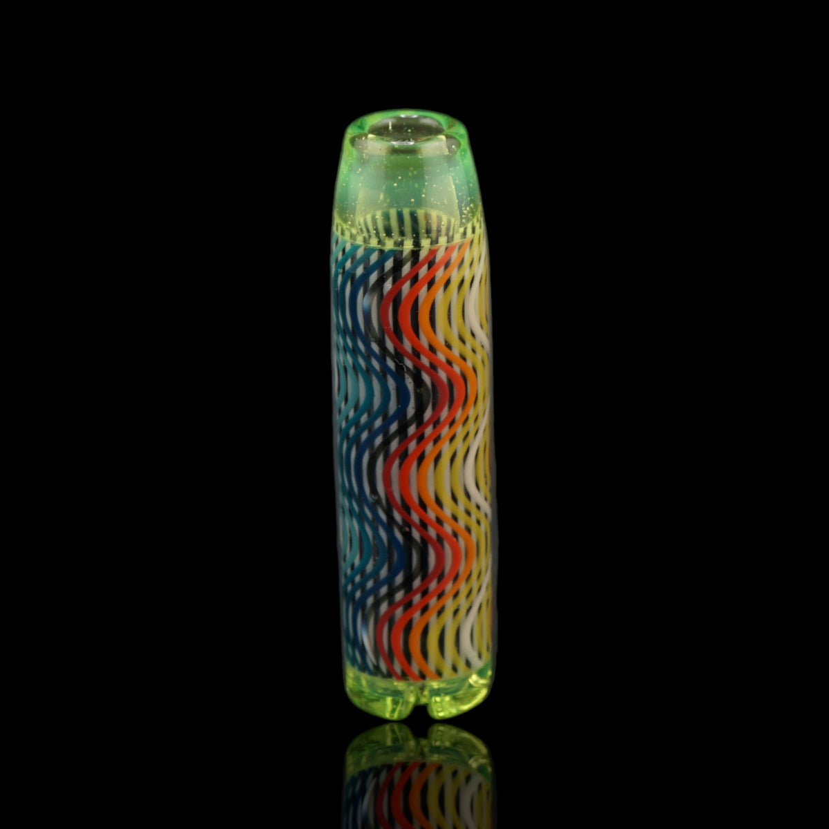 Front view of the Leisure Glass Lime Flux Hypnotech glass tip with multicolored waves and transparent lime green ends