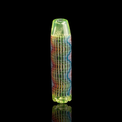 Front view of the Leisure Glass Lime Reactor UV Hypnotech glass tip with multicolored waves and transparent yellow-green ends