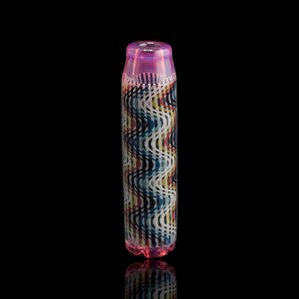Leisure Glass Pink Reverie Hypnotech glass tip with transparent pink ends and black and white waves accented with blue, turquoise, red and yellow