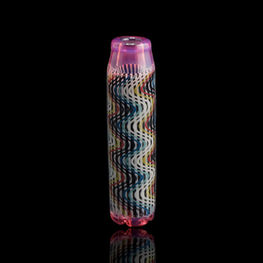 Leisure Glass Pink Reverie Hypnotech glass tip with transparent pink ends and black and white waves accented with blue, turquoise, red and yellow