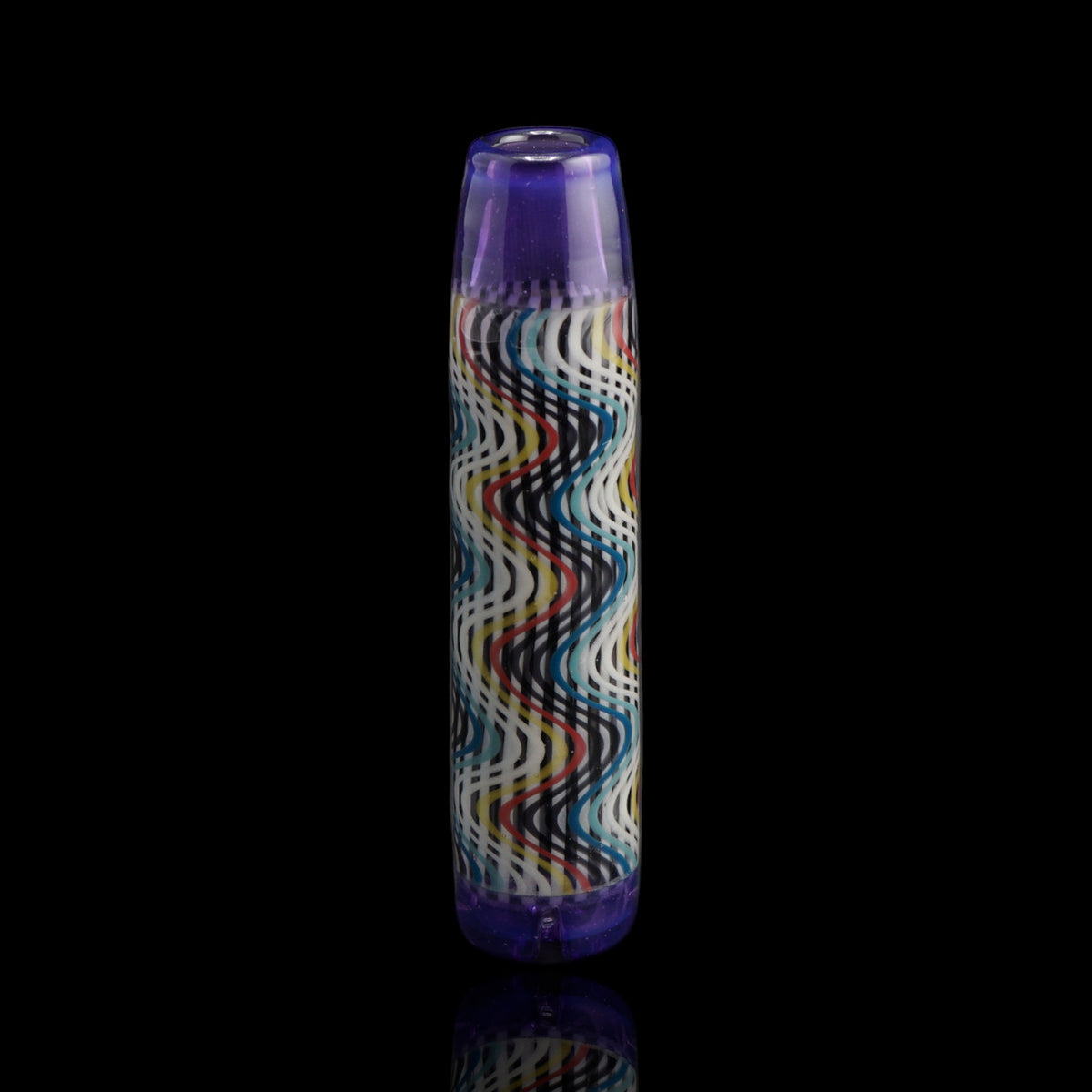 Front view of the Leisure Glass Purple Haze Hypnotech glass tip with black and white waves, colored accents and transparent purple ends