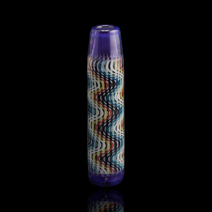 Front view of the Leisure Glass Purple Haze Hypnotech glass tip with black and white waves, colored accents and transparent purple ends
