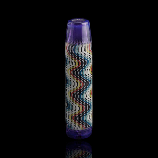 Front view of the Leisure Glass Purple Haze Hypnotech glass tip with black and white waves, colored accents and transparent purple ends