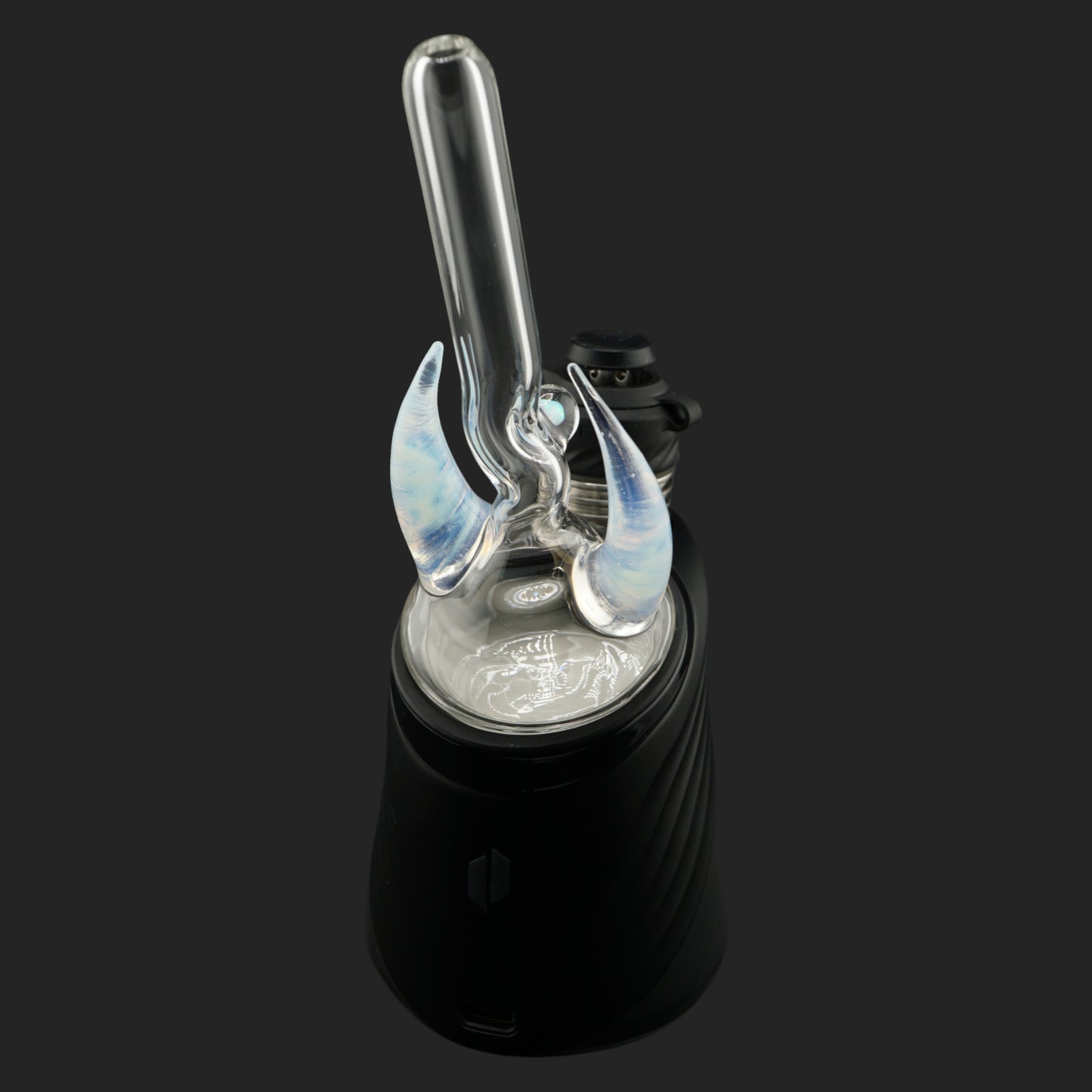 Side view of Crescent Horns Blue with clear glass straw and blue horn details