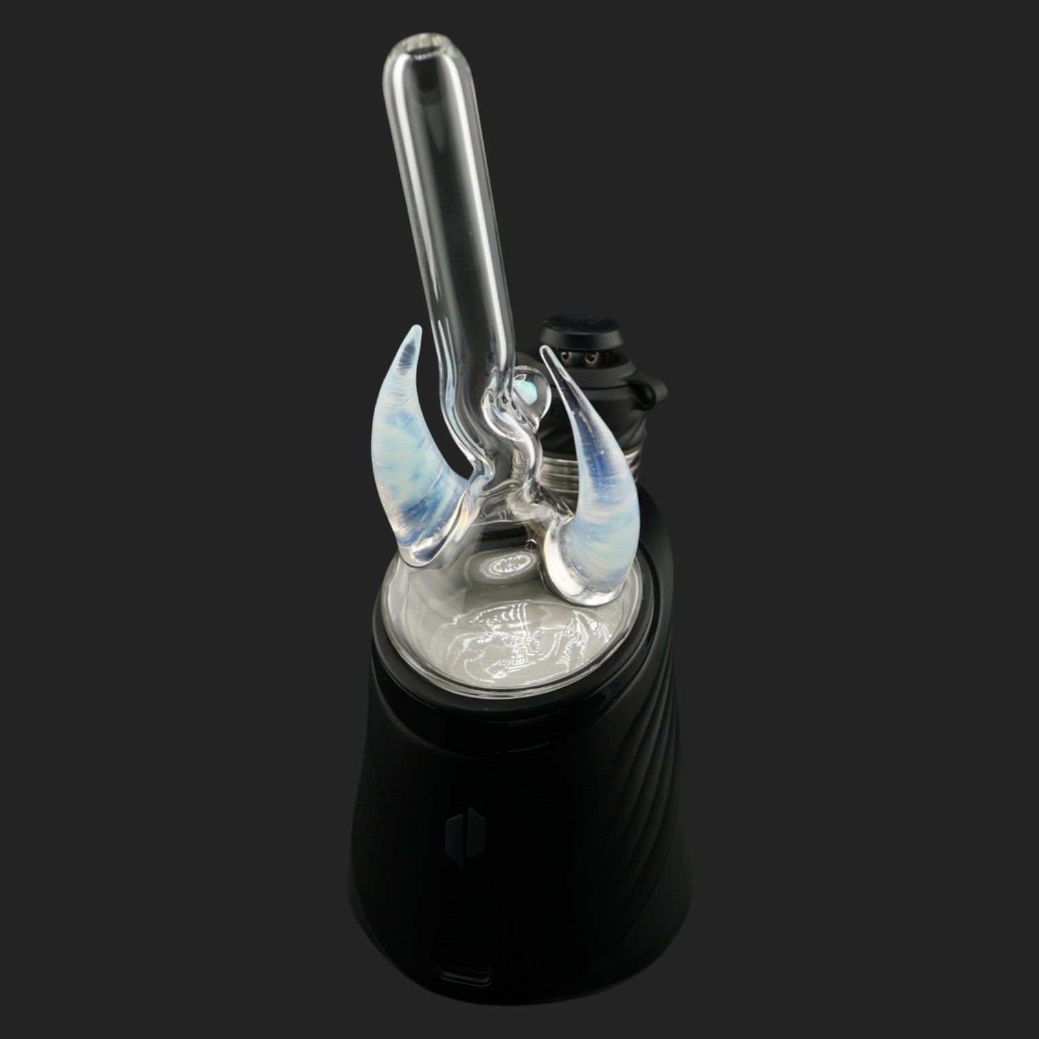 Side view of Crescent Horns Blue with clear glass straw and blue horn details