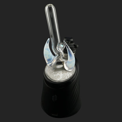Side view of Crescent Horns Blue with clear glass straw and blue horn details